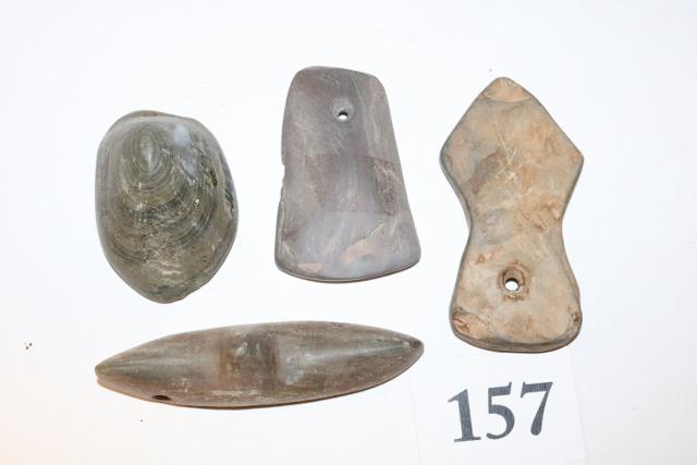 4 Pcs. Pendants, Cone, Gorget: 4 Pcs.: (2) Slate Pendants( Metz Indiana), Cone (Decatur Ind.)& Hump Gorget – largest 3” - rough