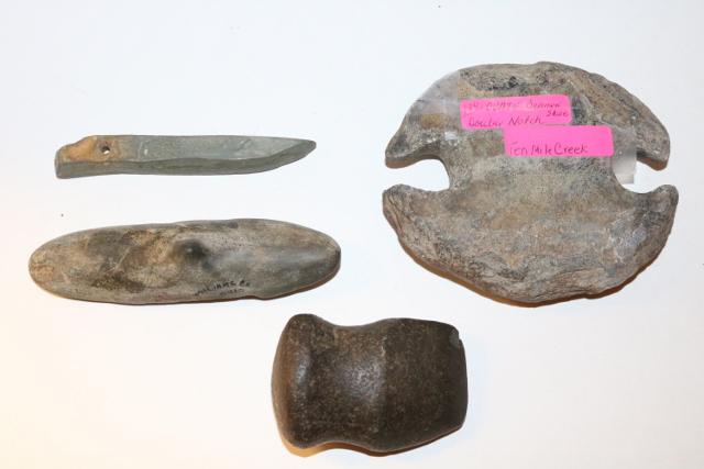 4 Pcs. Bannerstone, Axe, Amulet: 4 Pcs.: Double Notch Bannerstone 4 ½”, Bannerstone, small groove axe, Bar Amulet (broken) (rough)