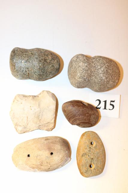 6 Pcs. axes, bannerstone, 2 pendants, scraper: 6 Pcs.: (2) full groove axes, bannerstone, 2 pendants, scraper