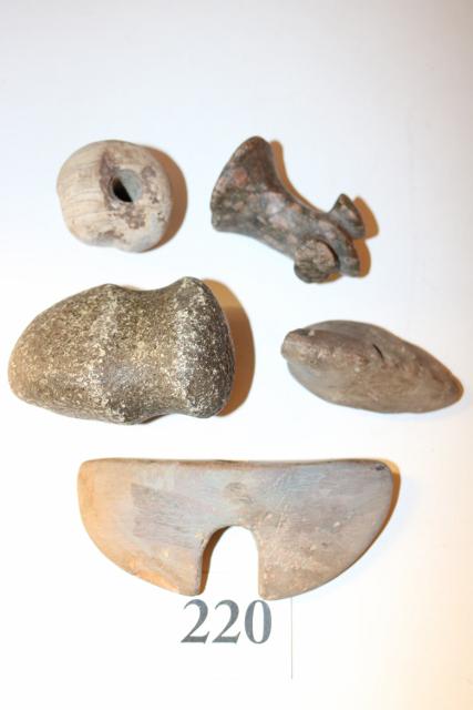 5 Pcs: 2 Birdstones, Axe, Ball Banner, Slate Gorget: 5 Pcs: 2 Birdstones, Full Groove Axe, Ball Banner, Slate Gorget (rough)