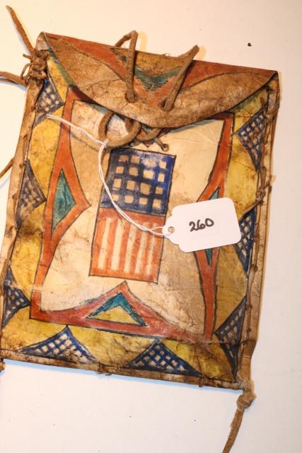 Sioux Parfleche: Sioux Parfleche (rawhide) pouch with American Patriotic Symbols painted on front 6” x 7 ½”
