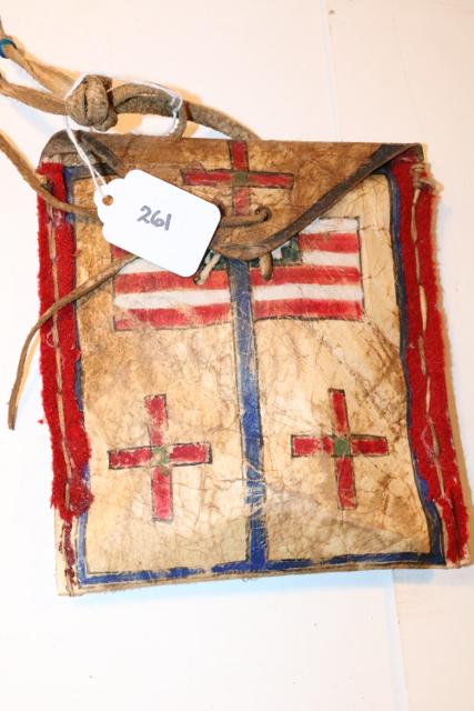 Sioux Parfleche: Sioux Parfleche (rawhide) Pouch with American Partrotic Symbols painted on the Front – 6” x 6”