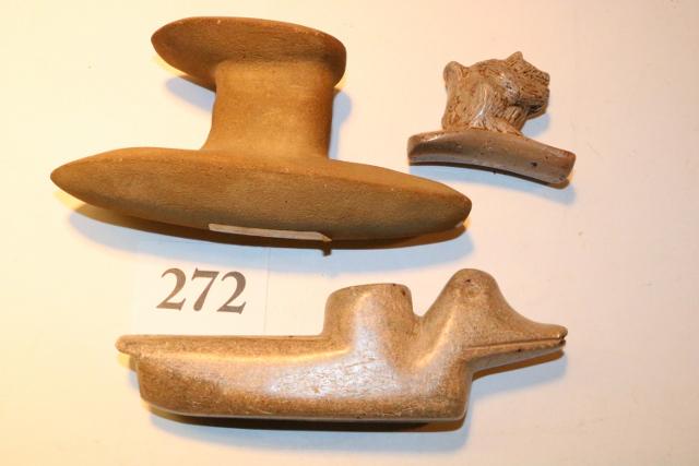 3 Repro Pipes & Disc Bowl: Repro Hopewell Squirrel Pipe, Sandstone Pipe, Disc Bowl, Duck Pipe