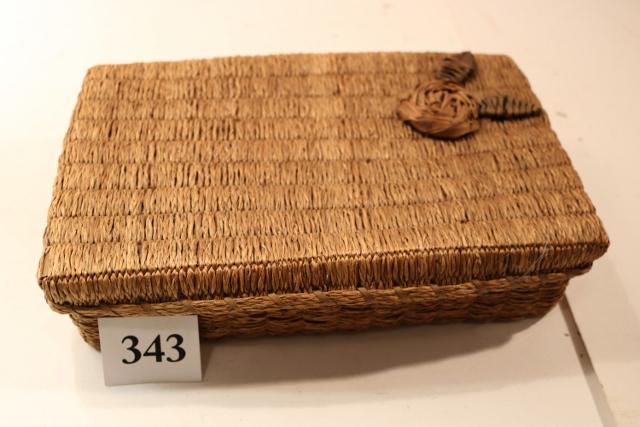 Lidded Basket with flower decorations: Rectangular 11” Tall by 7 ½” Wide Lidded basket with flower decorations – Good Condition