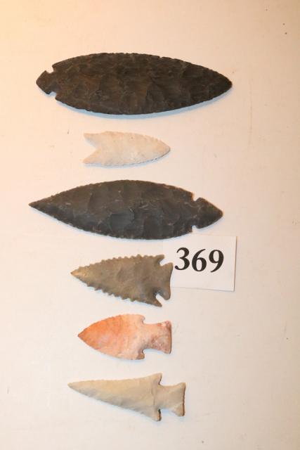 3 Daltons & 3 Woodland Serrated Points: Large Serrated Tennessee Dalton - Ex. Oscar Branan Collection, Missouri Dalton – Ex. Oscar Branan Collection, Missouri Dalton – Ex. Oscar Brannan Collection, 3 Woodland Serrated Point – Ex. Osca