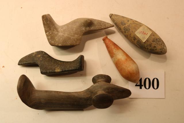 Birdstones, Plummet, Celt,: Slate Birdstone, Ex. Burcamper Collection – Bugeyed Birdstone – Quartz Plummet – Porphyry Birdstone – Large Celt, Porphyry, Ex. Oscar Branam Collection – Age Uncertain