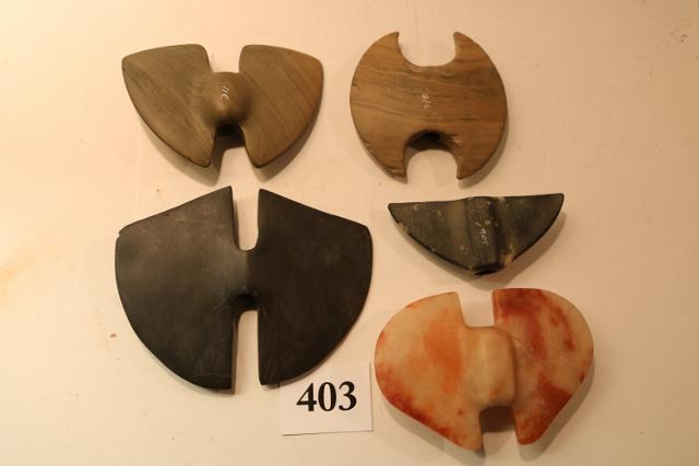 5 Bannerstones: Quartz Bannerstone, Ex. Oscar Branan Collection – Porphyry Winged Bannerstone –Slate Bat Wing Bannerstone – Banded Slate Ovate Bannerstone – Banded Slate Butterfly Bannerstone – Age Uncertai