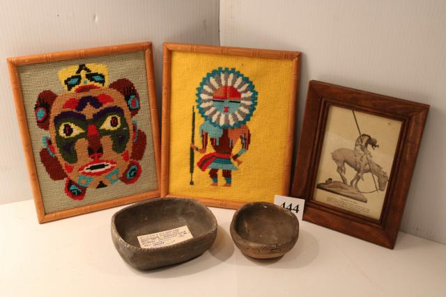 Job lot: 2 Needle Point in frames, Picture, & Bowls: Job lot: 2 Needle Point in frames, Picture End of the Trail, Rect. Notched Edge Bowl (prof. restored), & pottery bowl engraved dots and lines
