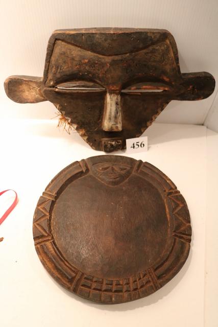 2 Pcs: Wood Divination Board & Wood Mask: 2 Pcs: Wood Divination Board, Yoruba Tribe, Nigeria, 12” & Wood Mask, Pende Tribe, Congo, 11” x 16”