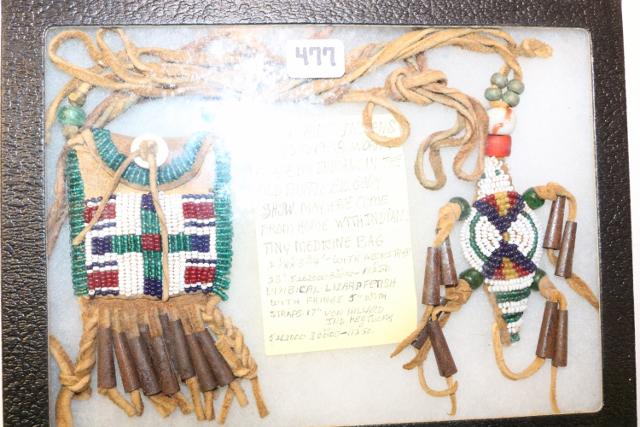Tiny Beaded Medicine Bag & Umbilical Lizard Fetish with: Plains Indian Tiny Beaded Medicine Bag & Umbilical Lizard Fetish with fringe