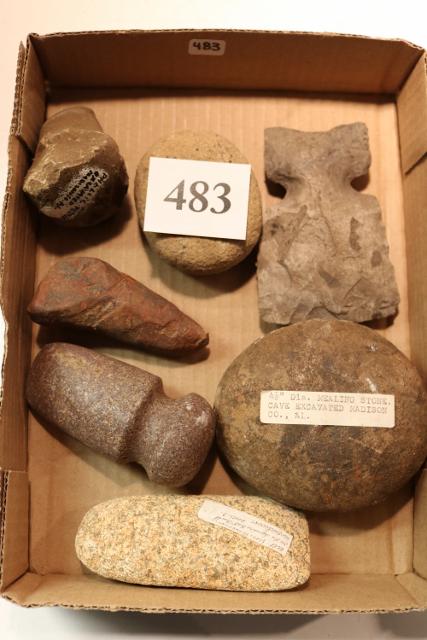 7 Indian Artifacts: 7 Indian Artifacts – age uncertain Mealing stone full groove axe, celt