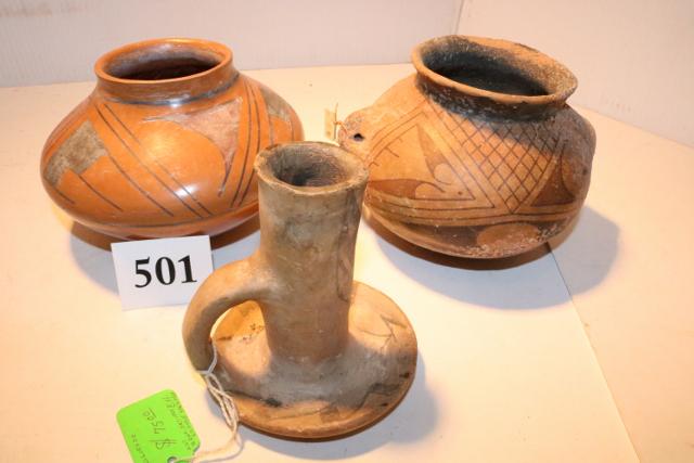 3 Indian Pottery Pieces: 3 Indian Pottery Pieces: Candlestick Hopi Polychrome, Casa Grande Hanging Pot