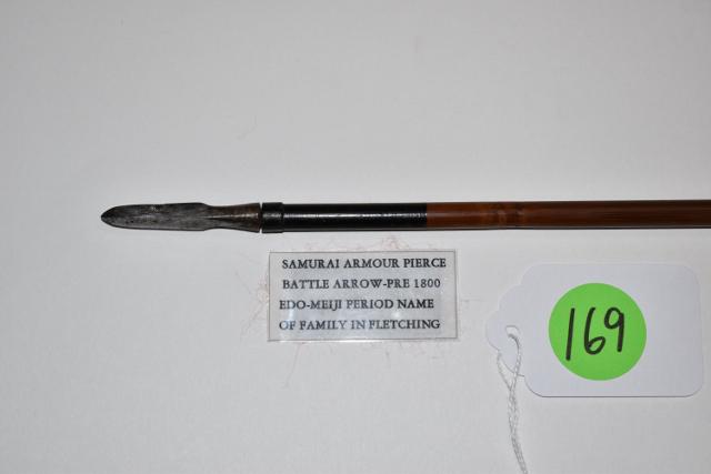 Samurai Armor Pierce Battle Arrow: Samurai Armor Pierce Battle Arrow, Pre 1800 Edo-Meiji Period, Name of Family in the Fletching, 38” long