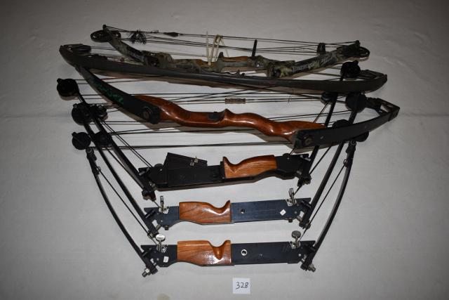6 Vintage Compound Bows WILL NOT SHIP: 6 Vintage Compound Bows, some are prototypes, Browning Micro Adrenaline, unknown painted, American, 3 Rigid Archery Products Models 2100, 1400, 1400 – will not ship