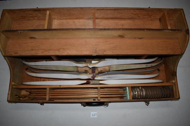 Wooden Box w/6 Bows WILL NOT SHIP: Wooden Boox with 6 Small Recurve Bows, Arrows and Strings, marked Jim Helton Cinn. Ohio – will not ship
