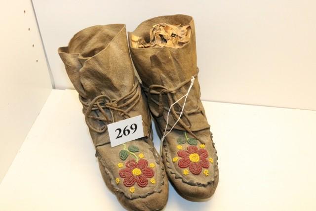 Floral Beaded High Top Cree Moccasins: Floral Beaded High Top Cree Moccasins, leather is stiff and hard, 8” tall x 10 ½” long