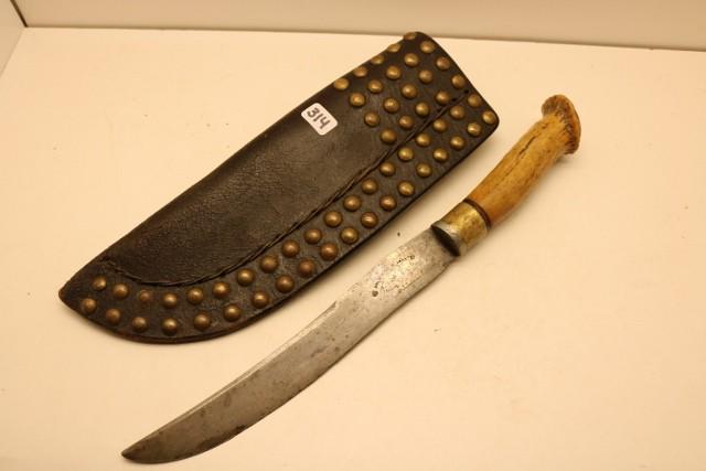 Crow Tack Sheath /original stag handle trade knife: 10” Crow Tack Sheath with original stag handle trade knife, Coop on back, great patina