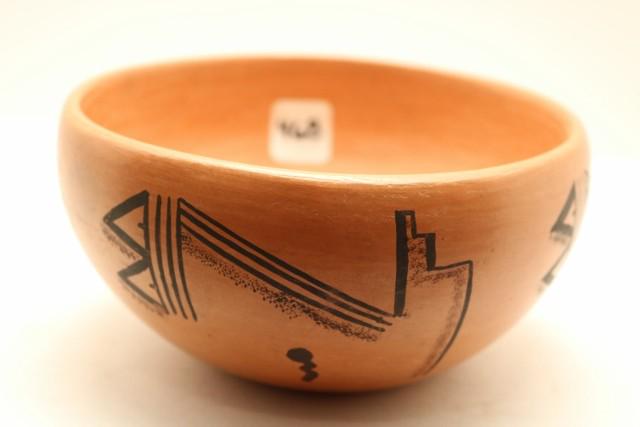 Hopi Indian Shallow Bowl: Hopi Indian Shallow Bowl, Arizona, signed by Potter Nannie Talahongva active 1965-1990, designs include two of her favorites tad poles & feathers, plus what appear to be kiva steps - 5 ½” x