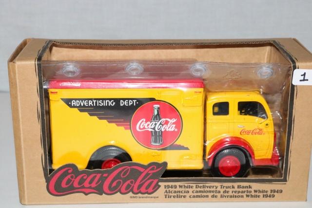 Replica Coca-Cola 1949 Advertising Truck Bank: Replica Coca-Cola 1949 Advertising Truck Bank, Great condition with box.