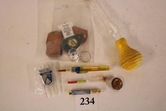 Job Lot, General Electric Fort Wayne Ind. Pin: Job Lot, General Electric Fort Wayne Ind. Pin, Personality Perfumes Samples, 5 Key Chains, Old Ford Emblem, Certified Lubricant plastic Bottle with oil, Zerex Tester, and Glass Antifreeze Suction Tool