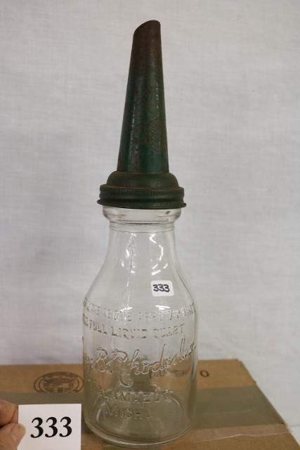 1 quart Jay B Rhodes C.O. motor oil bottle: 1 quart Jay B Rhodes C.O. motor oil bottle with metal spout.