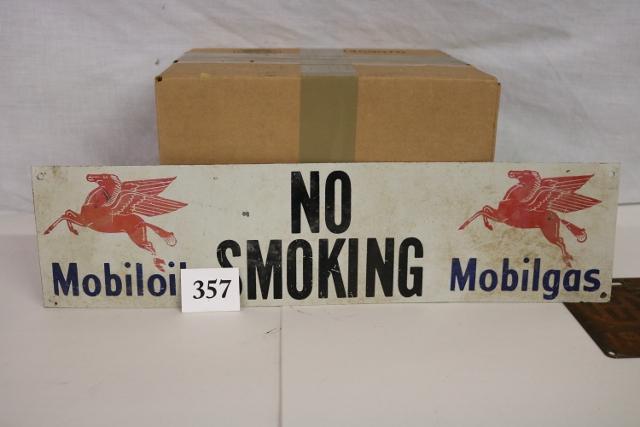 Mobil No Smoking Sign: Mobil No Smoking Sign, A little discoloration but otherwise in good shape, 20” Long x 5” Tall