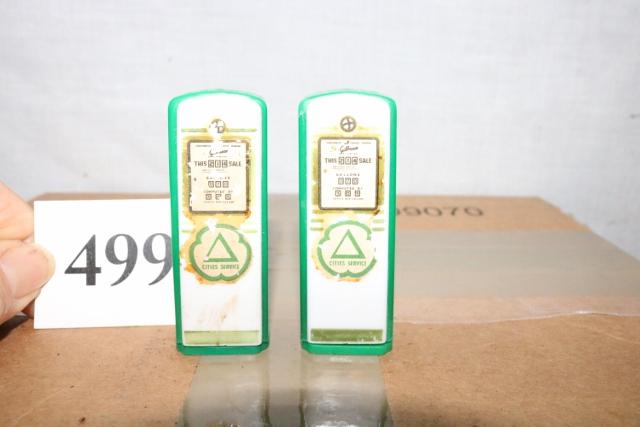 2 Cities Service Pepper Shakers: 2 Cities Service Pepper Shakers Some wear on the Labels But in Good Condition, 3” Tall