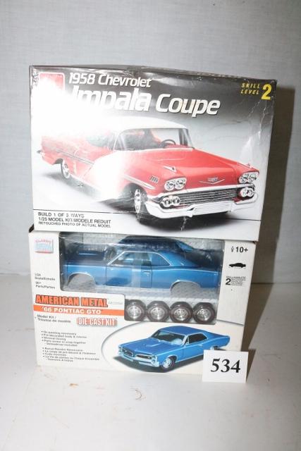 1958 Impala Coupe1/25 Scale: 1958 Impala Coupe1/25 Scale Model Kit Not Put Together with all the pieces, 1966 Pontiac GTO Die Cast Kit, Never Opened