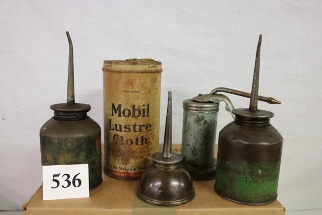 Lot of 5 Items, 4 Oilers and One Mobil: Lot of 5 Items, 4 Oilers and One Mobil Lustre Cloth with the Cloth still in it but has no lid, Tallest Oilers Says Simmons on it with obvious wear to the lable at 8” Tall, Smallest is in Great C