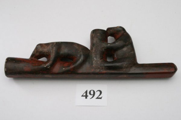 Two Bear Effigy Pipe: 10 7/8" Steatite Two Bear Effigy Pipe with traces of red paint, paint is crackled circa mid 19th Century ex. Engstrom Collection
