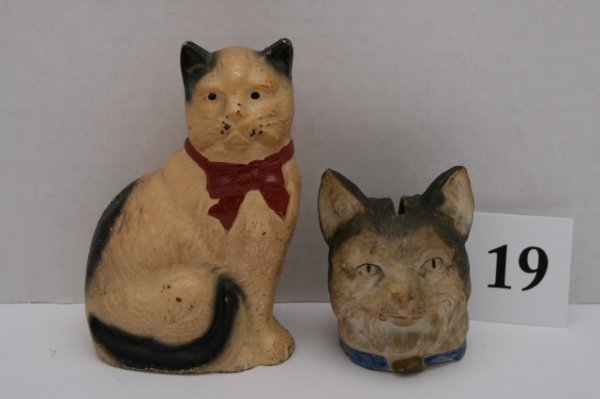 2 Banks – 1 Cat with Bow Seated, Cat Head: 2 Banks 1 Cat with Bow Seated John Wright Excellent Paint Moore #365. 1 Cat Head Staffordshire England Very Good.