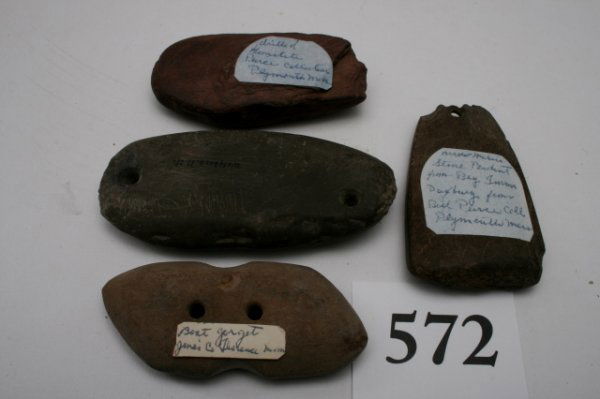 Two Gorgets and two Pendants: Two Gorgets and two Pendants Mass. And N.H. Ex. Engstrom Collection largest 3 7/8"