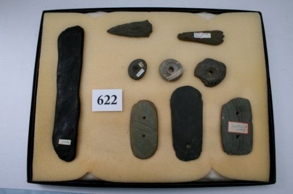 two gorgets, one pendant, large undrilled slate th: Group of two gorgets, one pendant, large undrilled slate three perforated discs, plummet and point, N.E. States Ex. Engstrom Coll. largest 9 5/8