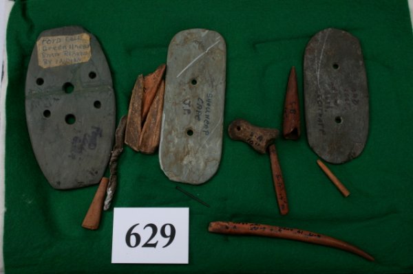 Three Gorgets and 10 Bone Tools: 12" x 8" Frame of Three Gorgets and 10 Bone Tools from Kingston Mass. Ex. Ford, Engstrom Collections