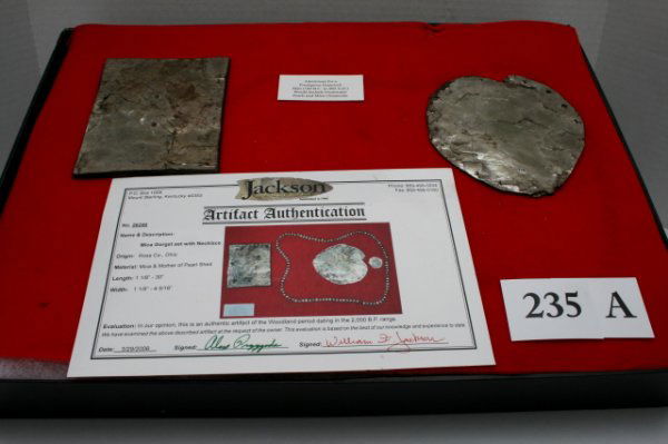 Hopewell Mica Gorgets: Two Extremely Rare Hopewell Mica Gorgets with Jackson C.O.A. Rectangular Two Hole Gorget 4 5/8" x 3 5/8"- Round Gorget 4 1/2" with 17 Perforations around Edge