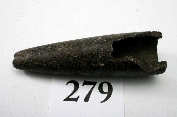 4 1/16" Steatite Tube Pipe: 4 1/16" Steatite Tube Pipe with incised lines around top large piece broke out of back