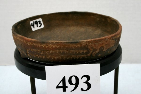 4 3/4" x 1 3/8" Bowl: 4 3/4" x 1 3/8" Bowl with Two lugs and engraved design found 1933 by J. Jones on his farm on Bushy Creek N.E. of Okoloma Clark Co. Ark.