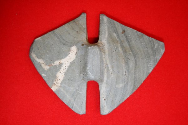 BUTTERFLY BANNERSTONE: DOUBLE NOTCHED BUTTERFLY BANNERSTONE, BANDED SLATE, 3 7/8", OH. FROM AN OLD COLLECTION FROM ANDOVER, MA., PHOTO OF COLLECTION INCLUDED