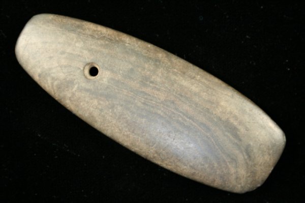 PENDANT: PENDANT, BANDED SLATE, 3 ½", ROSS CO., OH. PICTURED CENTRAL STATES ARCHAEOLOGICAL JOURNAL VOL. 35, #1, PG. 51 (1988)