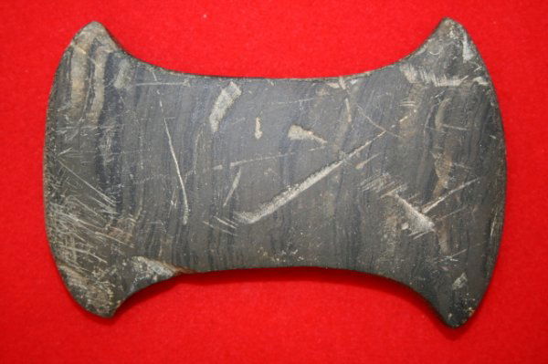 BI-CONCAVE GORGET: BI-CONCAVE GORGET, BANDED SLATE, UNDRILLED, 3 ¾