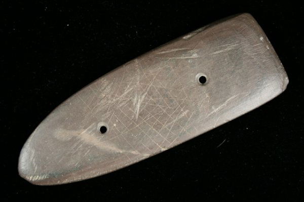 GLACIAL KAME GORGET: GLACIAL KAME GORGET, RED BANDED SLATE, 4 ¾", MIAMI CO., OH. EX-KIEFER. ENGRAVED. PICTURED CENTRAL STATES ARCHAEOLOGICAL JOURNAL VOL. 35, #3, PG. 146 (1988)