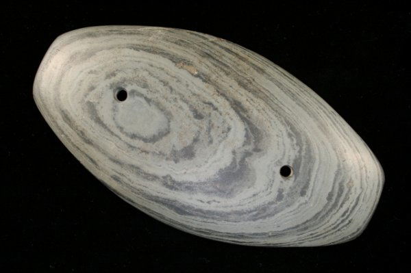 ELLIPICAL GORGET: ELLIPICAL GORGET, BANDED SLATE, 5 ½", ONE OF THE FINEST GORGETS IN THIS SALE