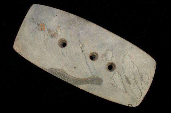 GORGET: GORGET, BANDED SLATE, 4 ¾", OH., EXFOLIATED, PICTURED OHIO ARCHAEOLOGIST VOL. 26, #4, PG. 24 (1976), CENTRAL STATES ARCHAEOLOGICAL JOURNAL VOL.36, #3, PG.151(1989)