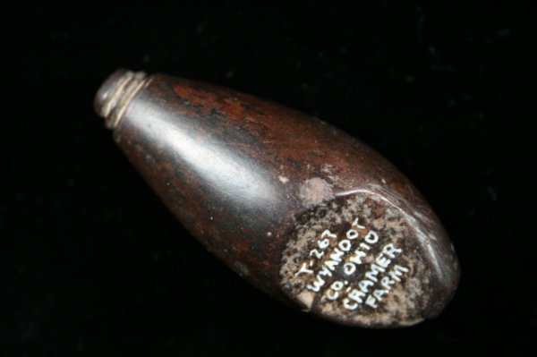 HEMATITE PLUMMET: PLUMMET, HEMATITE, 2 3/8", WYNADOT CO., OH., CRAMER FARM, DOUBLE NOTCHED AT TOP. PICTURED CENTRAL STATES ARCHAEOLOICAL JOURNAL VOL.39, #4, PG. 202 (1992)