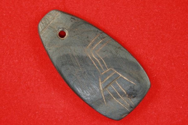PENDANT: PENDANT, BANDED SLATE, 2 5/8", ADAMS CO., OH., DEEPLY ENGRAVED ON BOTH SIDES WITH HUMAN ARMS AND HANDS