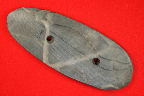 GORGET: GORGET. BANDED SLATE, 5", FOUND FAIRFIELD CO., OH. EX-GEORGE THRUSH. PICTURED CENTRAL STATES ARCHAEOLOGICAL JOURNAL VOL. 36, #3, PG. 151 (1989)