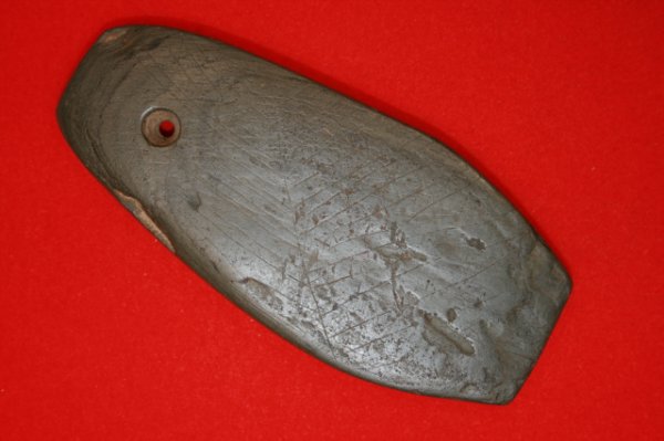 PENDANT: PENDANT, BANDED SLATE, 4", ENGRAVED BOTH SIDES, ROSS CO., OH., PICTURED CENTRAL STATES ARCHAEOLOGICAL JOURNAL VOL. 35, #1, PG. 51 (1988)