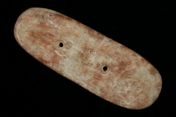 GORGET: GORGET, SLATE, 4", MEDINA CO., OH., PICTURED OHIO ARCHAEOLOGIST VOL. 26, #4, PG. 23 (1976), CENTRAL STATES ARCHAEOLOGICAL JOURNAL VOL. 24, #2, PG. 98 (1977), AND CENTRAL STATES ARCHAEOLOGICAL JOURNAL