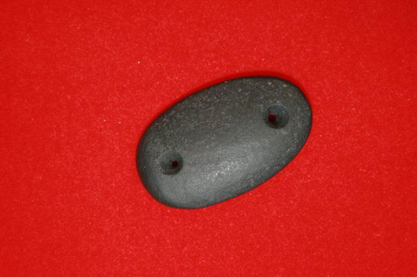 MINIATURE GORGET: MINIATURE GORGET, SLATE, 1 3/8", FOUND ON THE "LAKE RIDGE" 2 M.E. OF CLYDE, SANDUSKY CO., OH. EX-A.G. SMITH, EX-GRIMM. PICTURED OHIO ARCHAEOLOGIST VOL. 10, #4, PG. 120 (1960)