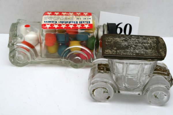 2 Automobile Candy Containers: n/pic - (2pcs)"1929 Model Glass Car" - Ball bubble gum sticker top - original contents - black plastic cap Automobile - "Electric Runabout # 2" - No hole in hood - R/C